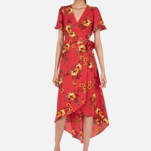 Express FLORAL SURPLICE HI-LO WRAP MIDI DRESS